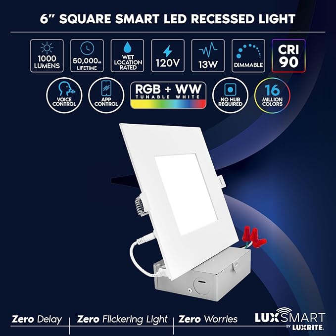 LUXRITE 12-Pack 6 Inch Square Smart LED Recessed Lighting, RGBW Color Changing, WiFi App Control, Voice Control with Alexa and Google Home, No Hub Required, 13W 1000LM, CRI 90, IC Rated, Wet Rated