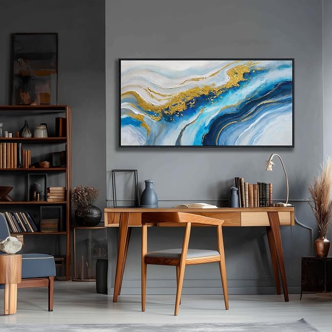 Blue Modern Gold Wall Art for Living Room - Abstract Canvas Wall Art, Office Wall Decor, Above Bed Wall Decor, Large Pictures for Bedroom Framed Artwork for Walls 24×48IN