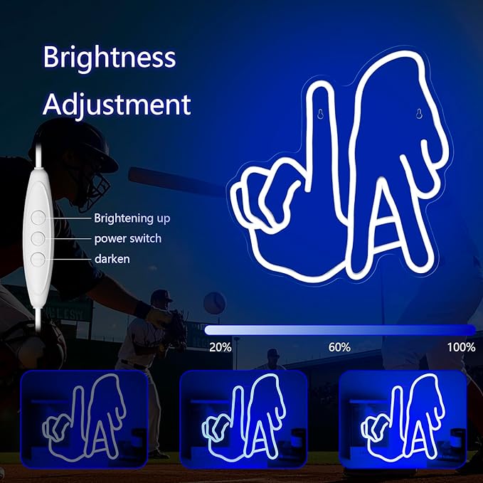 LA Baseball Neon Sign Dimmable Los Angeles Blue Gesture Neon Sign Baseball Team Neon Lights for Man Cave Garage Bar Party Dorm Game Room Wall Decor for Baseball Fans