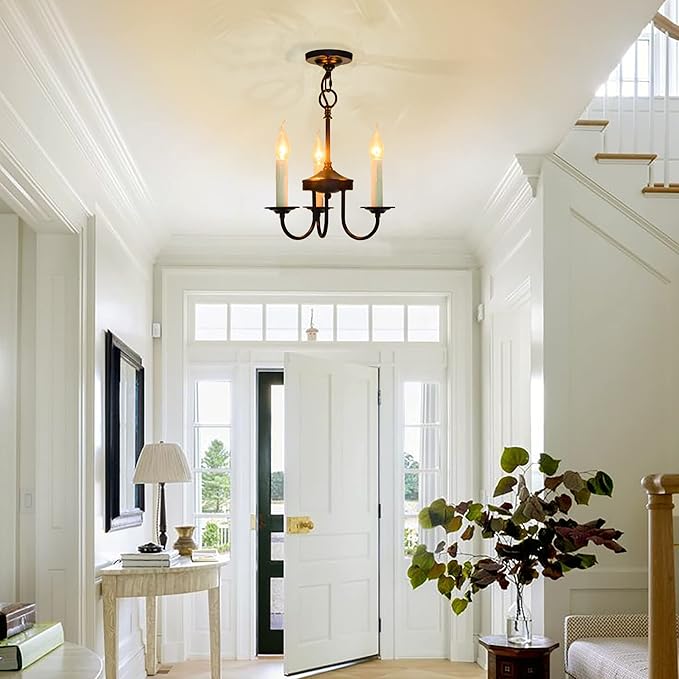 3 Lights Farmhouse Candle Style Chandelier, Rustic Ceiling Pendant Light Fixture for Entryway and Dining Room Kitchen Island