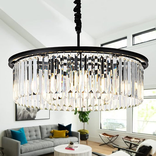 23" 8-Light Modern Crystal Chandelier Light Fixtures 2 Rings Black Luxury Chandeliers for Dining Room Round Hanging Pendant Lighting for Living Room Kitchen Entryway Bedroom
