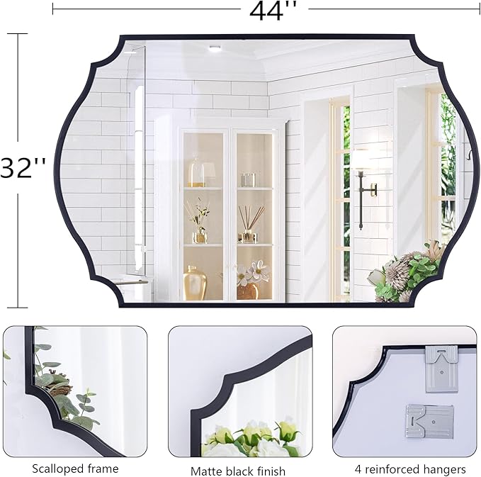 Chende Large Black Wall Mirror, 44''X32'' Modern Living Room Mirrors for Wall Decor, Rectangle Scalloped Mirror with Metal Frame for Bathroom Vanity, Dining Room, Entryway, Mantel, Fireplace