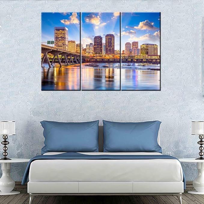 Native American Painting Richmond Virginia Pictrues USA Cityscape Wall Art Canvas Contemporary Artwork Home Decor for Living Room Giclee Wooden Framed Gallery-wrapped Ready to Hang 40‘’x20‘’x3 Pcs