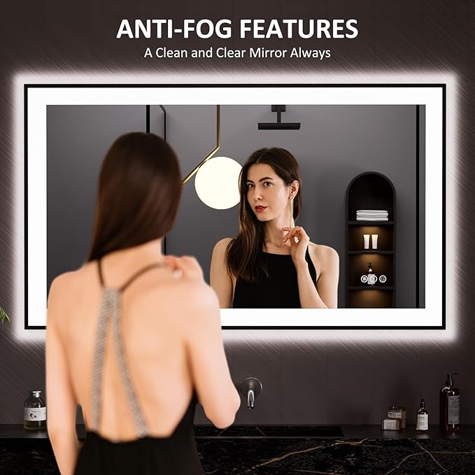 LOAAO 48"X28" LED Bathroom Mirror Black Framed, Anti-Fog, Dimmable, Lighted Bathroom Vanity Mirror for Wall, Memory Function, Tempered Glass