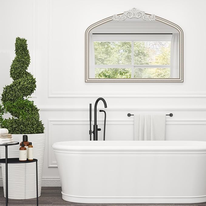 42''x32'' Baroque Wide Arched Wall Mirror, Ornate Wooden Farmhouse Arch Decorative Mirrors for Entryway, Fireplace, Bathroom with Beads Decor