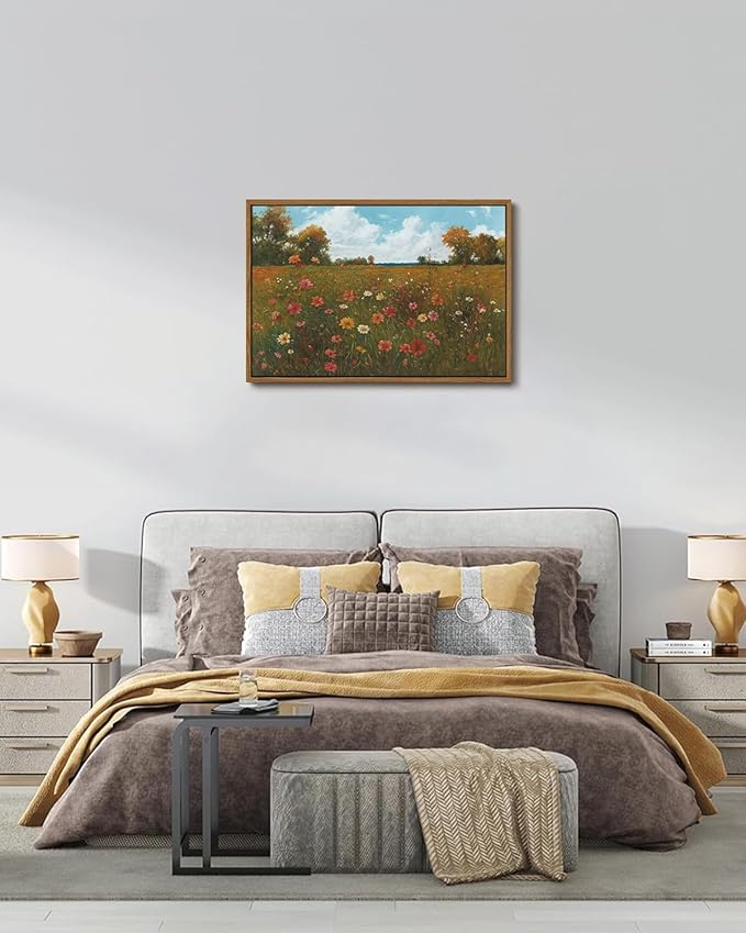 KISSFOX Vintage Landscape Framed Wall Art Autumn Farmhouse Wildflower Field Canvas Art Natural Fall Countryside Paintings Artwork Rustic Art Prints For Bedroom Bathroom Living Room