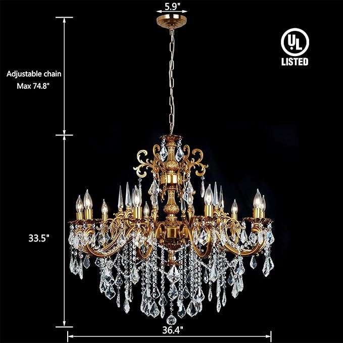 Antique Bronze Chandelier, Vintage Gold Crystal Chandeliers Lighting for High Ceiling Foyer 10-Light Candle Hanging Light Fixture Dining Room Entry Way Hall Large 36.4"