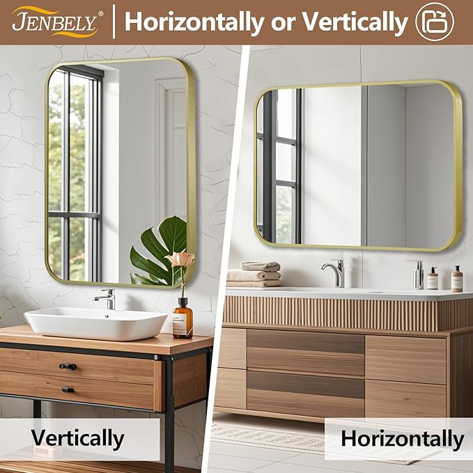 22x30 Inch Gold Mirror, Framed Rectangle Mirror with Rounded Corner, Brushed Brass Mirror, Gold Bathroom Mirror for Over Sink, Vanity, Living Room, Bedroom, Horizontal/Vertical