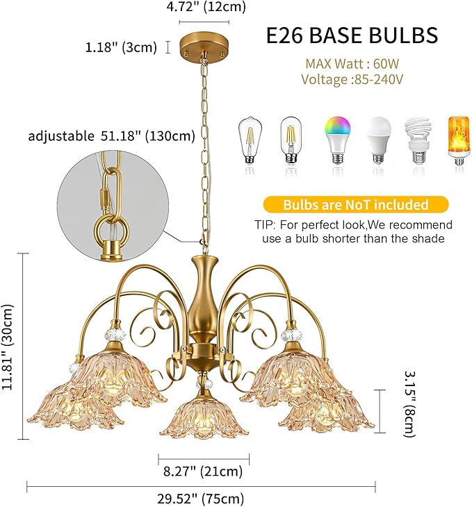5-Light Vintage Chandeliers in Matte Brass Finish with Amber Glass Shades, Retro Chandelier Light for Dining Room,Hallway,Kitchen