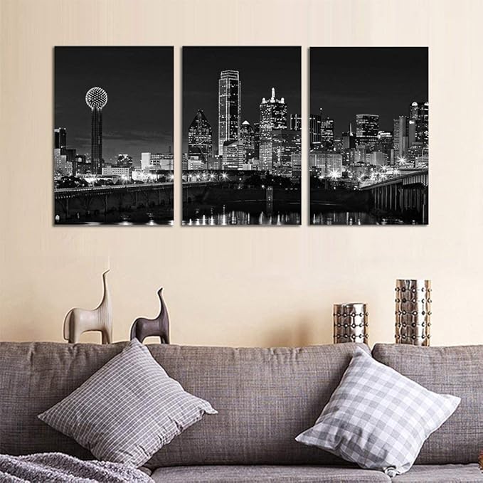 NAN Wind 3 Pcs Wall Art Dallas Skyline Black & White Canvas Art Paintings For Room Decor Dallas Cityscape Skyscrapers Night Scene Picture Prints On Canvas For Home Decor Modern Giclee Framed