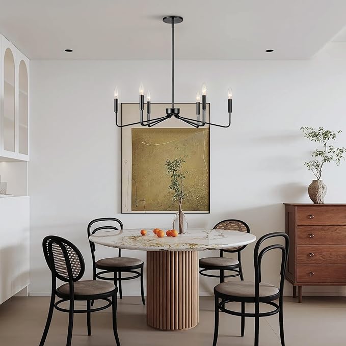 Black Chandelier for Dining Room, 6-Light Farmhouse Kitchen Light Fixtures Over Table, 26" Rustic Candle Chandelier for Bedroom, Foyer, Hall, Living Room, Entryway
