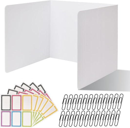24 Pack Desk Dividers for Students,3-Fold Privacy Screens,Testing Dividers for Classroom Waterproof,Plastic Easy Clean Privacy Shields for Student Includes Extra Labels