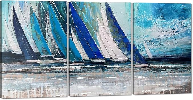 MAMAGO Large Abstract Living Room Wall Art Blue Coastline Landscape Canvas Prints Oil Painting Vintage Nautical Ocean Artwork for Bathroom Office Modern Framed Wall Decor Easy to Hang -24" x36x3pcs