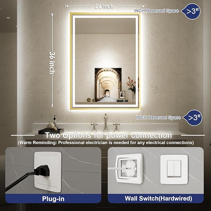 24X36 Inch Led Bathroom Mirror,Frontlit & Backlit Lighted Mirror,Gold Metal Frame Vanity Mirror for Wall,Double Lights Strips,Anti Fog Stepless 3 Colors Temperature & Dimmable