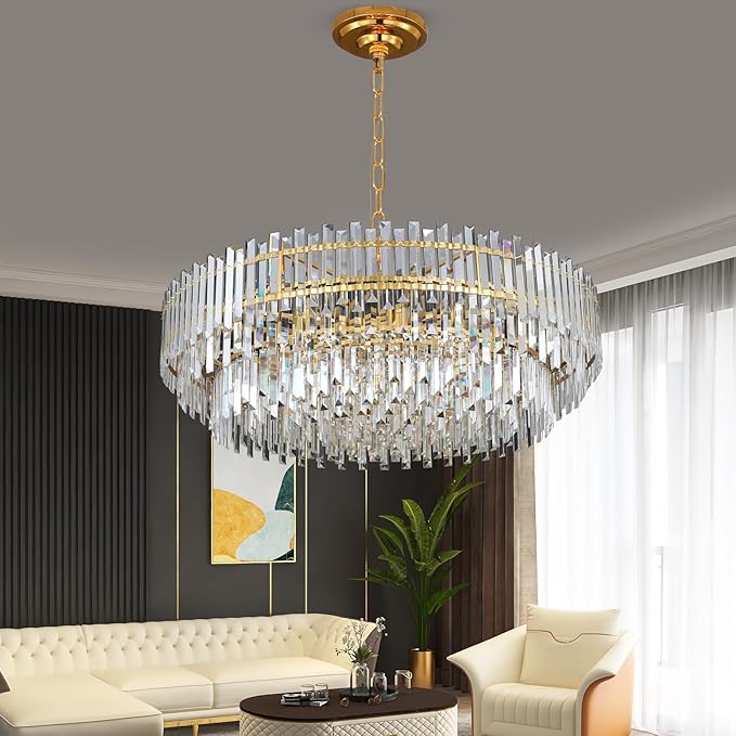 39" Modern Crystal Chandelier, 3-Tier Gold Pendant Light with 17 Lights, Luxury K9 Crystal Ceiling Fixture for Dining Room Living Room Foyer