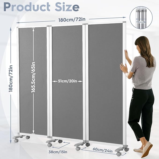 MAKELLO Portable Office Partitions 72" H x 71" W, Freestanding Office Dividers Partition Wall for Room, 3-Panel Trifold Privacy Panel, Aluminum Frame, Gray Felt