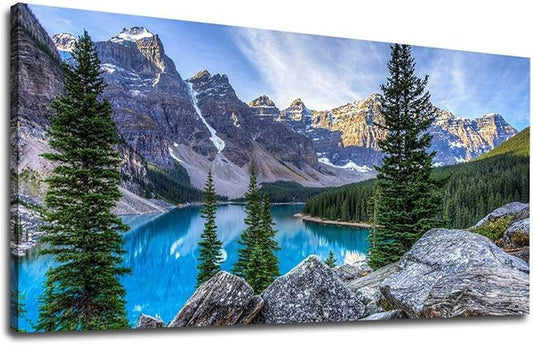 Canvas Wall Art Mountain Canvas Pictures Large Nature Artwork Moraine Lake Glacially Fed Lake National Park Contemporary Wall Art for Bedroom Living Room Home Office Kitchen Wall Decor 24" x 48