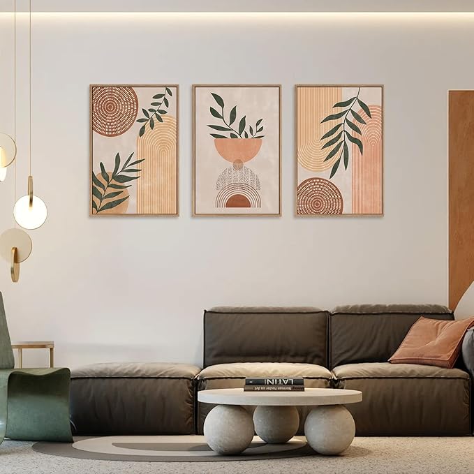 CHDITB Framed Boho Wall Art Set of 3, 16"x24" Mid Century Modern Wall Decor, Bohemian Sun Geometric Painting, Large Abstract Canvas Art Print for Living Room, Bedroom, Dining Room, Office, Bathroom
