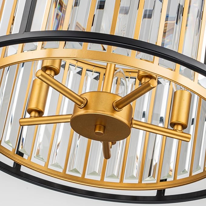 5-Light K9 Crystal Drum Chandeliers, Modern Pendant Light Fixture for Dining Room, Living Room, Bedroom, D18 x 12~58" Adjustable Height, Crystal Shade, Gold & Black Finish