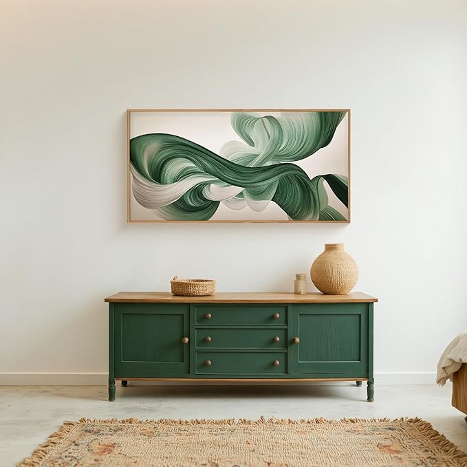 KAIRNE Green Abstract Neutral Wall Art Set, Minimalist Green Lines Wall Decor, Modern Flowing Texture Painting for Living Room, Bedroom, Office, Framed Easy to Hang 20x40 Inches
