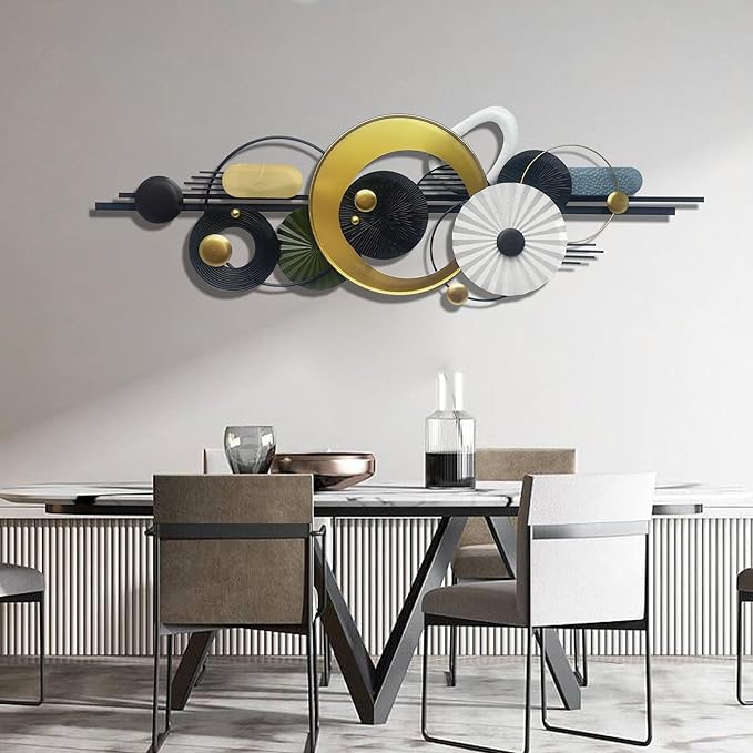 Metlzks Modern Abstract Metal Wall Art,Large 59×20 Inches Wall Decor, Geometric Circles Design Wall Sculptures, Gold Black White, Wall Decoration for Living Room Bathroom Bedroom Dining Room