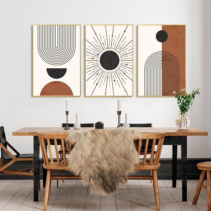 Minimalist Boho Framed Canvas Wall Art Set, Neutral Geometric Line Sun Wall Decor, Mid Century Wall Painting, Abstract Modern Bohemian Art Print for Living Room, Bedroom, Office -16"x24"x3