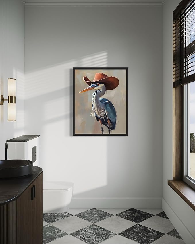 Blue Heron Cowboy Art Print Poster Wall Art, Western Country Farmhouse Wild West for Bedroom, Bathroom, Living Room Art Decor 58 (Blue Heron, 16 x 20 inches, Black Frame)