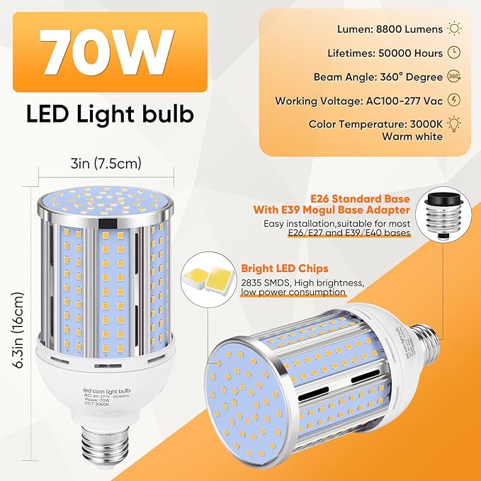 70W LED Corn Light Bulb(2 Pack),(700 Watt Equivalent) Fanless E26/E39 Medium/Large Mogul Base LED Cob Lamp 3000K Warm white 8,800LM for Outdoor Indoor Garage Warehouse Factory Workshop Street Backyard