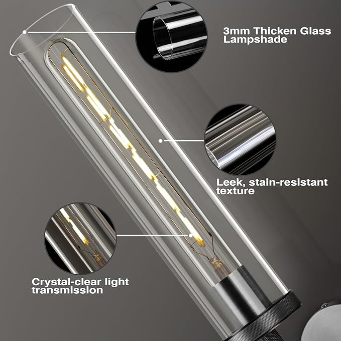 Black Wall Sconce, 30" Modern Knurled Wall Lighting with 2 Clear Glass Tubes, Double Vanity Light Fixture, Bathroom Wall Lamp, Bedroom, Living Room, Hallway Lighting, Hardwired (Including Bulb)