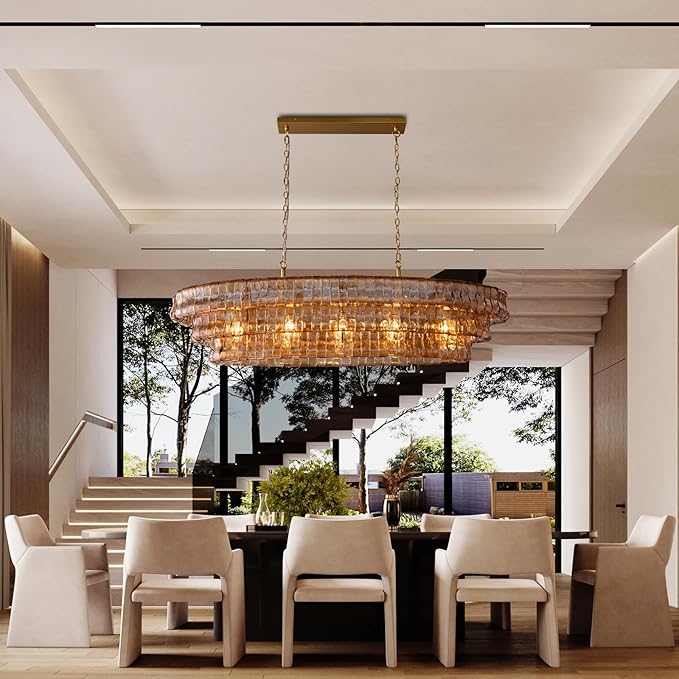 Large Chandelier, 54" Gold Rectangular Drum Chandeliers for Dining Room, 5-Light Modern Round Kitchen Island Hanging Light Fixture for Living Room, Kitchen Island, Foyer