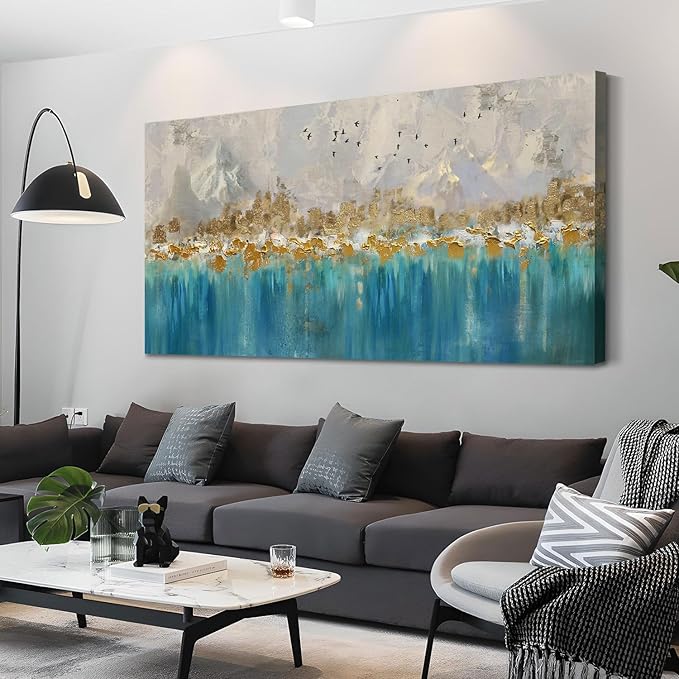 Arjun Abstract Canvas Wall Art for Mens Room, Gold Mountain Hand Painted Textured Large Bedroom Painting Artwork Framed Home Office Wall Decor, 48"x24"