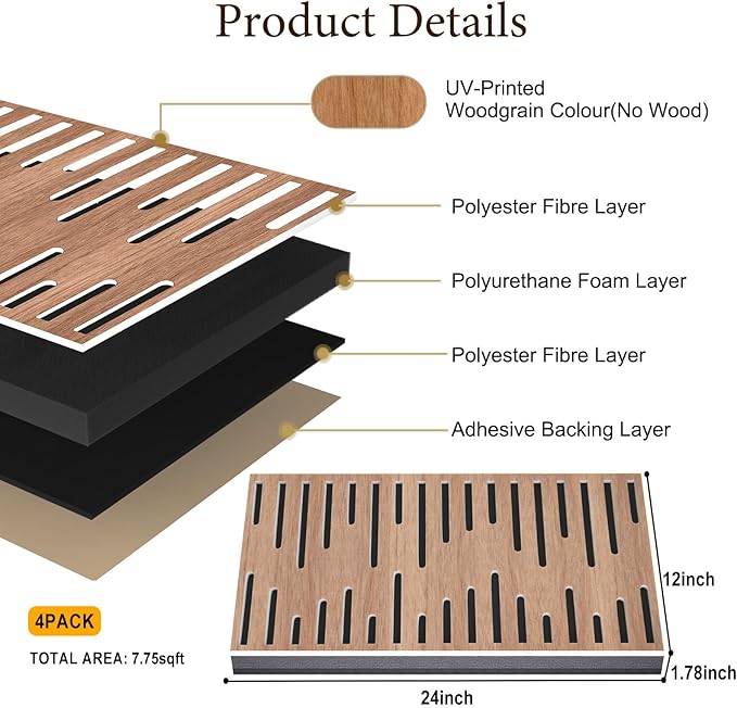 4Pack Acoustic Wall Panel, Self-Adhesive Soundproof Foam Panels for Wall, 3D Perforated Tri-Layer Polyester Fiber Decorative Acoustic Insulation for Recording Studio, Office, 24×12×1.78", Diverse-Line