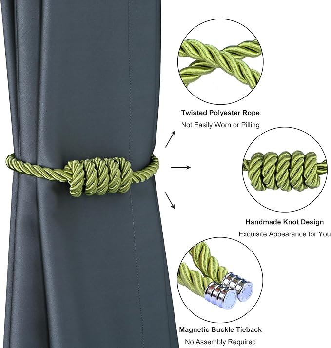 BEL AVENIR Magnetic Curtain Tiebacks, Decorative Drapery Holdbacks Modern Woven Tie-Backs with Exquisite Knot (Green, 6 Pack)