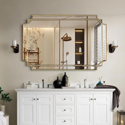 Large Gold Rectangle Mirror, 48"x31.6" Bathroom Mirrors for Over Sink, Modern Beveled Mirror Decorative, Elegant Oblong Wall Mirrors for Living Room Bedroom Fireplace Entryway Hallway