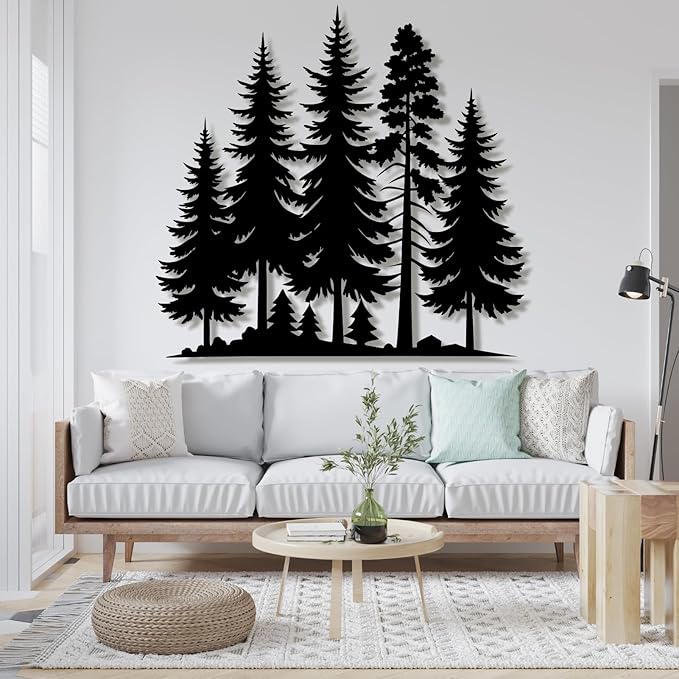 lunwall Metal Pine Tree Wall Art, Metal Forest Wall Art, Pine Branch Wall Decor, Christmas Tree Wall Decor, Forest Wall Hanging, Nature Lover Gift (Style 8, 28" W x 26" H / 70 x 67 cm)