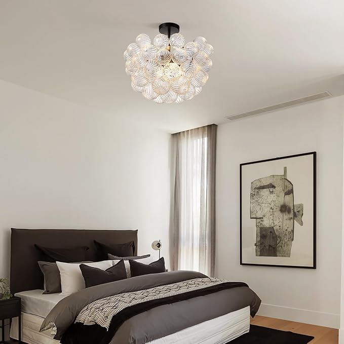 Bubble Ball Semi Flush Mount Ceiling Light Fixture,Dia 20 Inch Bubble Close to Ceiling Light Fixtures,Black Glass Crystal Semi Flush Light Fixture