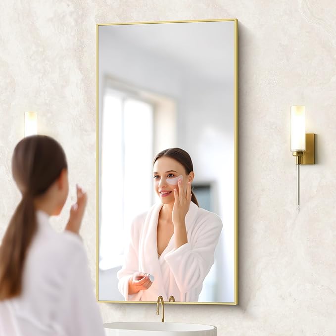 48x24In Gold Bathroom Mirror for Wall, Brushed Gold Rectangle Mirrors with Metal Frame, Bathroom Rectangular Mirror Modern Wall Mirror for Bedroom Living Room, Hangs Horizontal or Vertical