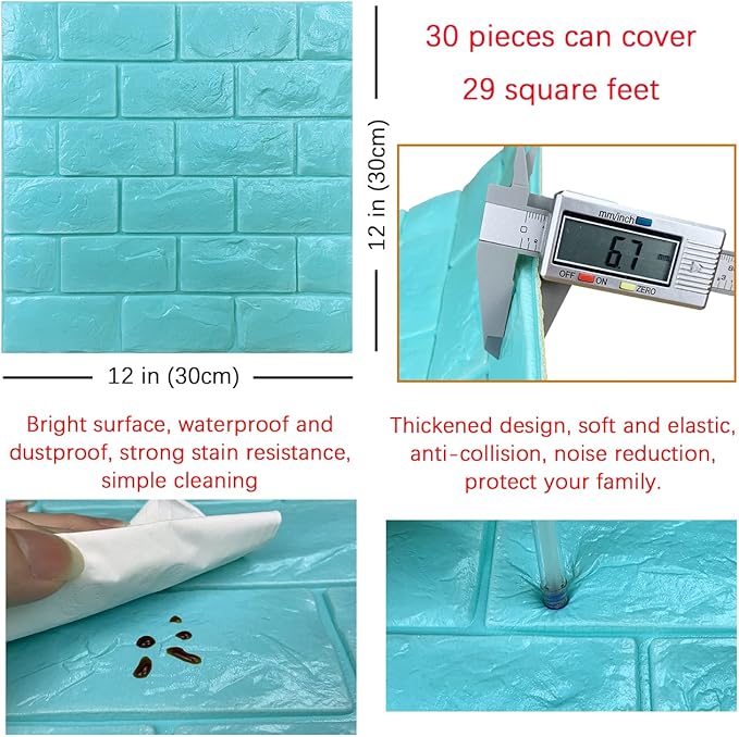 30PCS 3D Wall Panels Peel and Stick Faux Brick Wallpaper Blue Self Adhesive Foam Brick Paneling Faux Stone Wall Panels (30PCS, Blue)