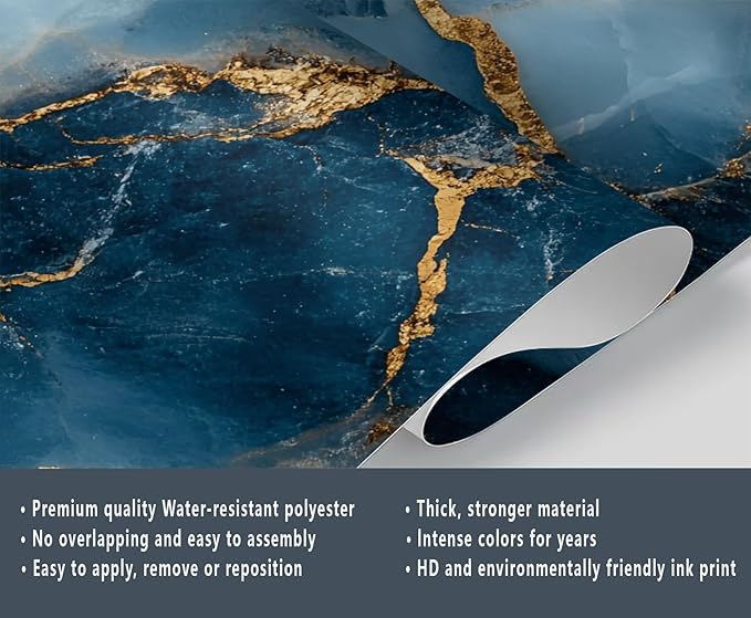 Blue Gold Marble Mural Wallpaper, Modern Fashion Marble Murals, Abstract 3D Texture Murals, Large Wallpaper for Living Room Bedroom Kids Room Home Decor Mural (Not Peel Stick)