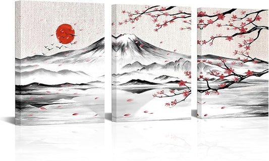 LyerArtork 3 Pieces Japanese Cherry Blossom Mount Fuji Canvas Wall Art Black White Pink Floral Wash Painting Wall Decor for Living Room Bedroom 12"x16"x3pcs