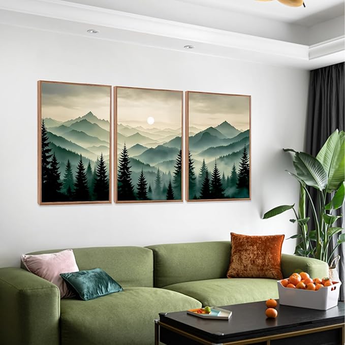 LHIUEM Abstract Mountain Wall Art,Boho Forest Pictures Set of 3(16”X24”) Framed Canvas Print Dark Green Pine Tree,Big Foggy Sun Green Mountain Painting,Sage Green Wall Art for Bedroom Living Room