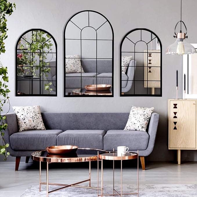 Black Arched Window Mirror, Farmhouse Decorative Wall Mirrors for Living Room, Bedroom, Entryway, Bathroom Vanity, Fireplace Mantel, Window Pane Mirror Wall Decor (Black, 31.5 x 20 x1)