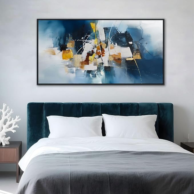 Abstract Canvas Wall Art Navy Blue Wall Art for Living Room Framed Modern Artwork for Walls, Above Bed Wall Decor Navy and Gold for Bedroom and Living Room Office Pictures Wall Decor 20×40IN