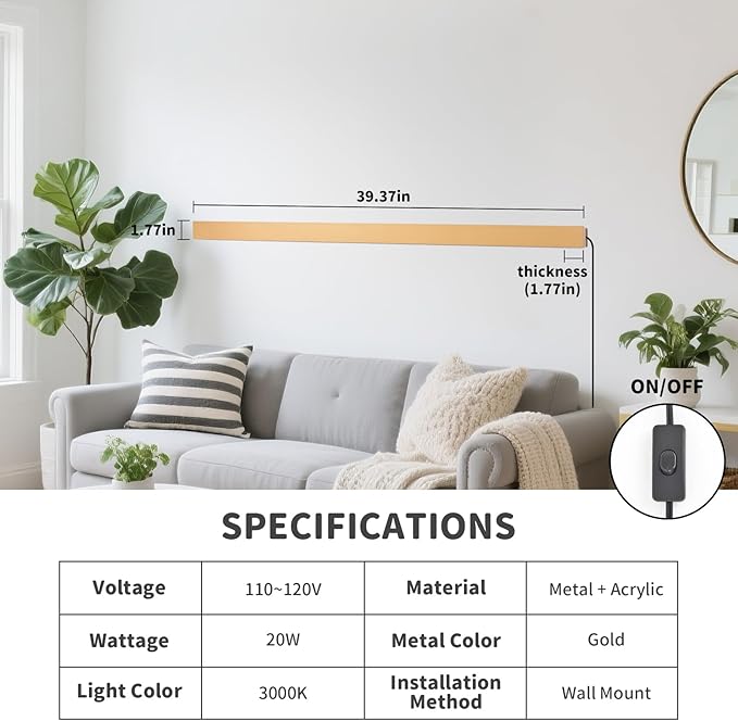Modern Plug in Long Wall Sconce, 39" Gold Matte LED Wall Lights, 20W Warm White 3000K Acrylic Indoor Wall lamp, with 59" Plug Cable for Bedroom, Living Room, Hallway