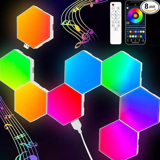 TISOFU Hexagon Lights (8 Pack) LED Wall Panels, RGB Gaming Lights with APP, Smart Modular Panel Hex Tiles Push Glide Expansion Shapes Light