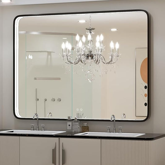 48x36 Inch LED Bathroom Mirror with Lights, Vanity Lighted Black Framed Mirror Anti Fog Stepless Dimmable,Wall Mounted Light up Mirror (Horizontal/Vertical)