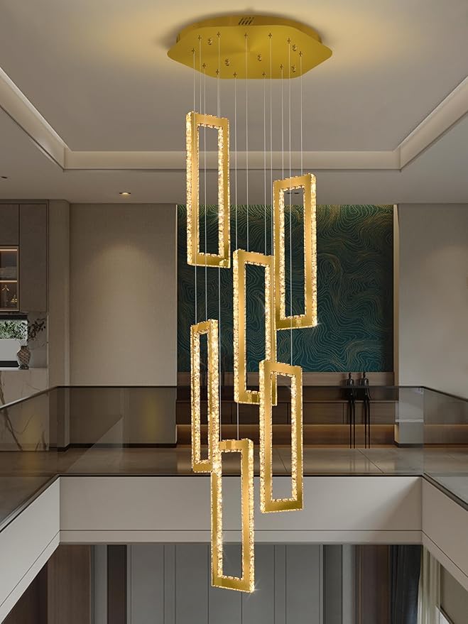 Modern Led Gold Chandelier Adjustable 6 Rings Crystal Chandelier for Living Room Foyer Stairwell Lighting High Ceiling Lamp Dimmable 2700K-6000K