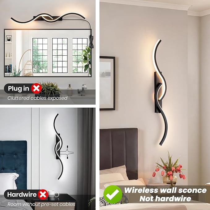 Battery Operated Wall Sconces, Rechargeable Wall Sconces, 3000K-6500K LED Wireless Wall Light, Modern Wall Lamp not Hardwired for Living Room Bedroom Hallway (Black)