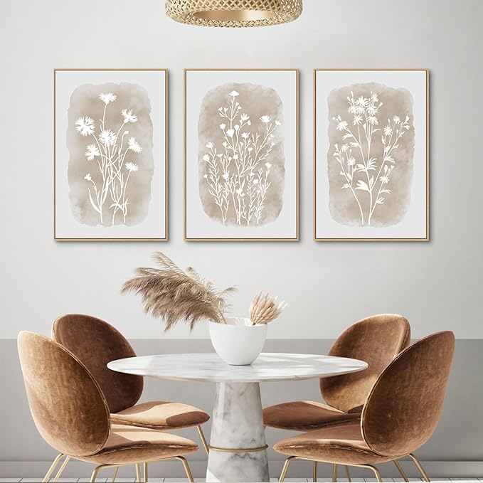 Neutral Wildflower Framed Wall Art Boho Botanical Vintage Minimalist Floral Canvas Farmhouse Wall Decor Beige Prints for Living Room Bedroom Office, 3 Panels, 16x24 Inch