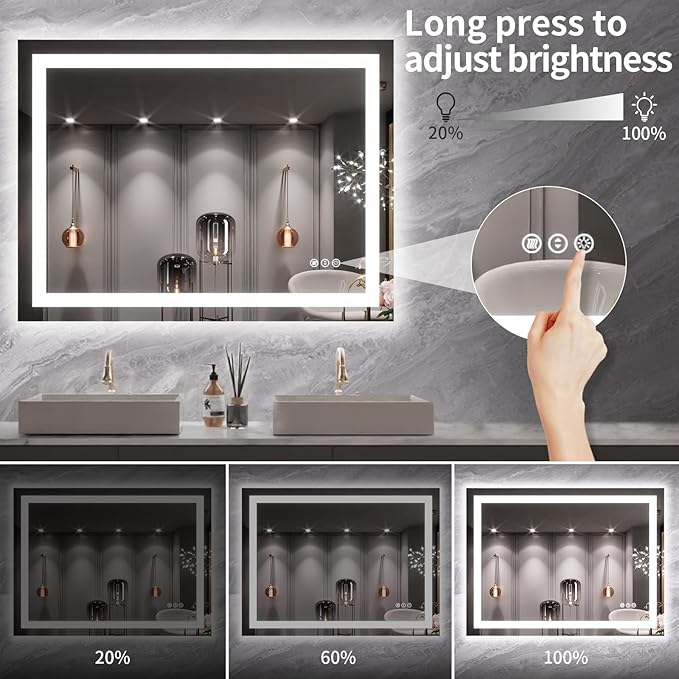 LOAAO 40X30 LED Bathroom Mirror with Lights, Anti-Fog, Dimmable, Backlit + Front Lit, Lighted Bathroom Vanity Mirror for Wall, Memory Function, Tempered Glass, ETL Listed